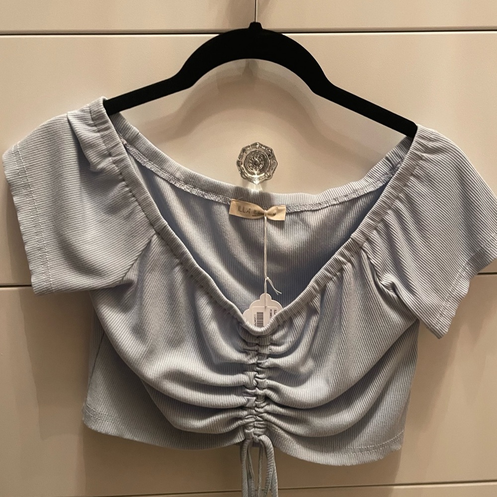 comfy blue off the shoulder crop top
